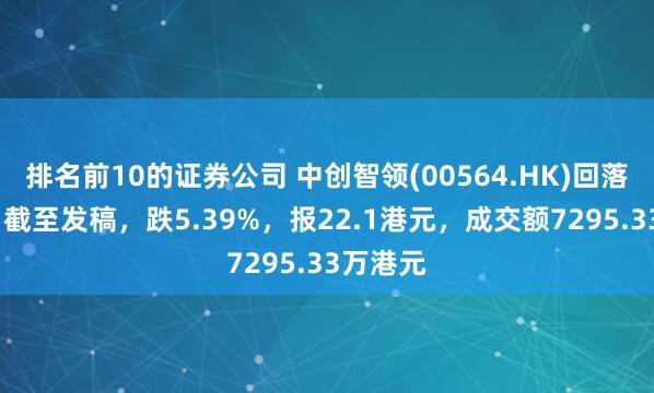 排名前10的证券公司 中创智领(00564.HK)回落逾6%，截至发稿，跌5.39%，报22.1港元，成交额7295.33万港元